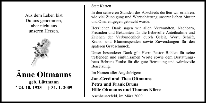  Traueranzeige für Änne Oltmanns vom 13.03.2009 aus Nordwest-Zeitung