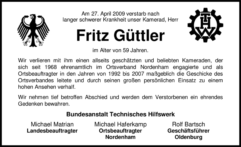  Traueranzeige für Fritz Güttler vom 29.04.2009 aus Nordwest-Zeitung