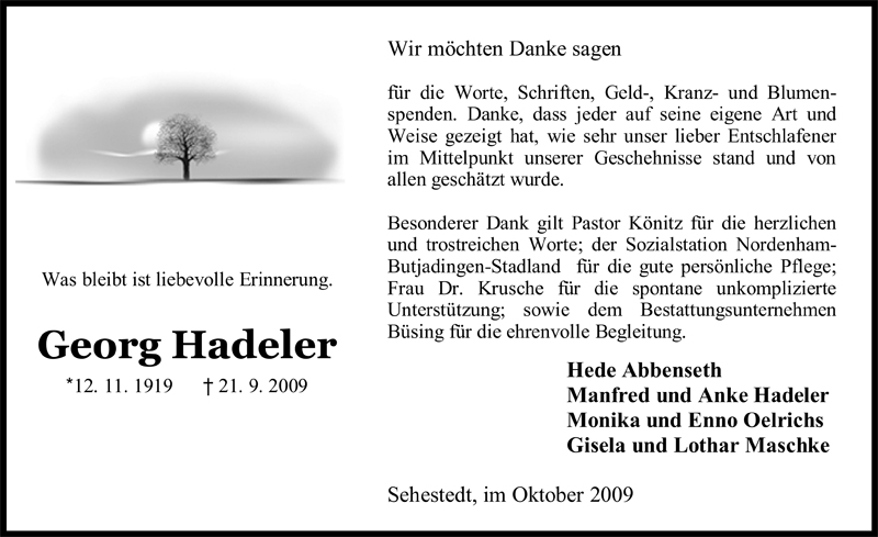  Traueranzeige für Georg Hadeler vom 23.10.2009 aus Nordwest-Zeitung