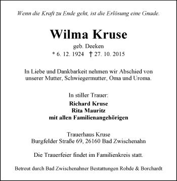 Traueranzeige von Wilma Kruse von Nordwest-Zeitung