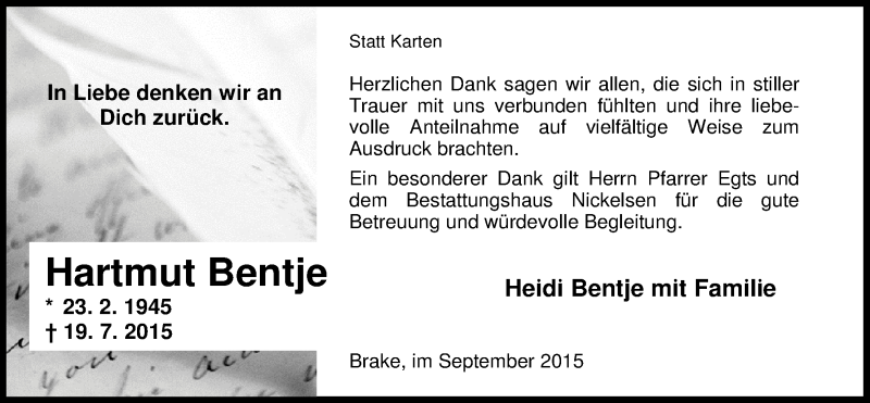  Traueranzeige für Hartmut Bentje vom 05.09.2015 aus Nordwest-Zeitung