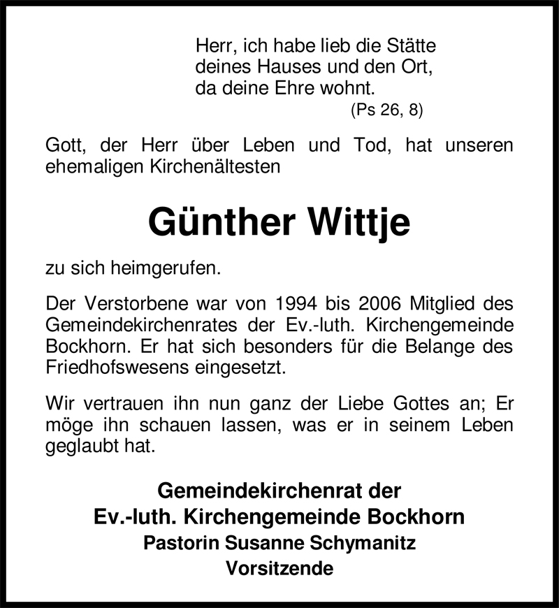  Traueranzeige für Günther Wittje vom 12.09.2009 aus Nordwest-Zeitung