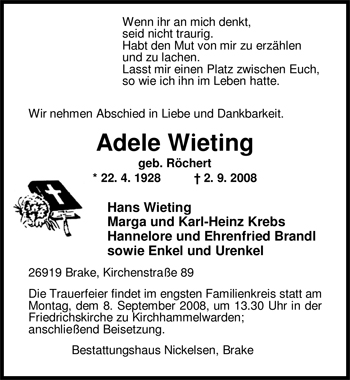 Traueranzeige von Adele Wieting von Nordwest-Zeitung