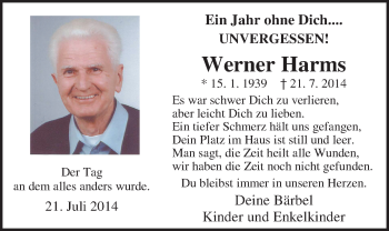 Traueranzeige von Werner Harms von Nordwest-Zeitung