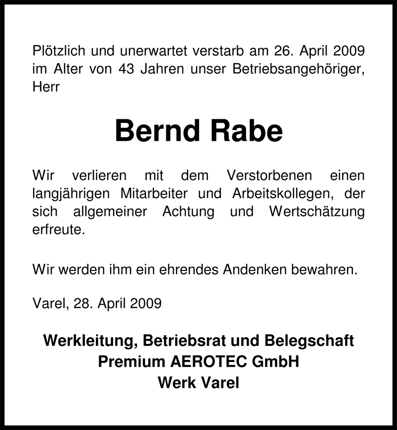  Traueranzeige für Bernd Rabe vom 29.04.2009 aus Nordwest-Zeitung