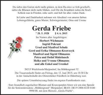 Traueranzeige von Gerda Friebe von Nordwest-Zeitung