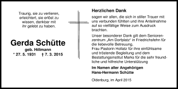 Traueranzeige von Gerda Schütte von Nordwest-Zeitung