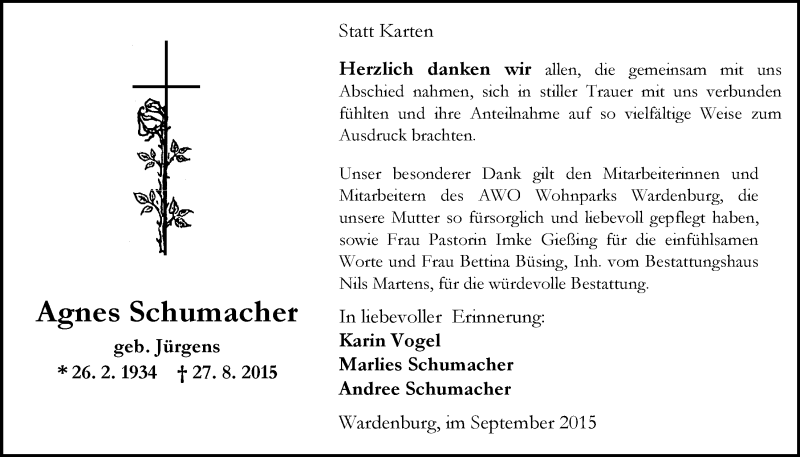  Traueranzeige für Agnes Schumacher vom 26.09.2015 aus Nordwest-Zeitung