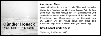 Traueranzeige von Günther Hönack von Nordwest-Zeitung