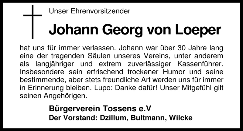  Traueranzeige für Johann Georg von Loeper vom 03.11.2009 aus Nordwest-Zeitung