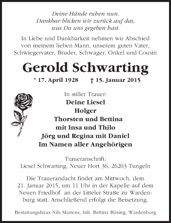 Traueranzeige von Gerold Schwarting von Nordwest-Zeitung
