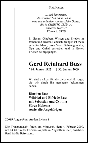 Traueranzeige von Gerd Reinhard Buss von Nordwest-Zeitung