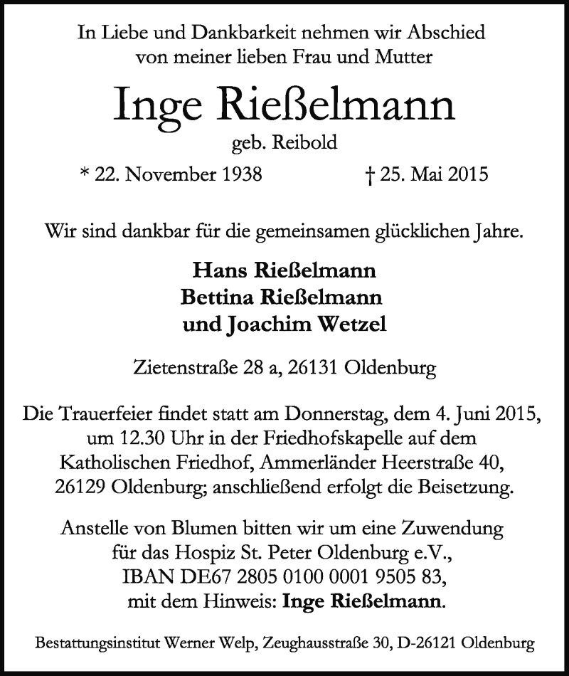  Traueranzeige für Inge Rießelmann vom 30.05.2015 aus Nordwest-Zeitung