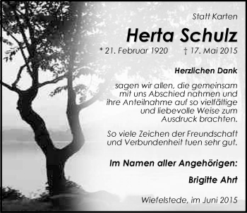 Traueranzeige von Hertha Schulz von Nordwest-Zeitung