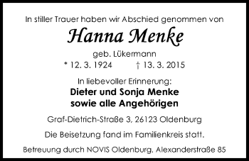 Traueranzeige von Hanna Menke von Nordwest-Zeitung