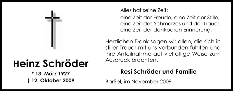  Traueranzeige für Heinz Schröder vom 28.11.2009 aus Nordwest-Zeitung