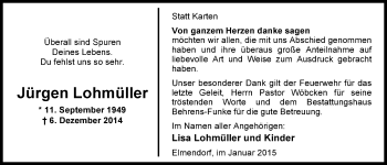 Traueranzeige von Jürgen Lohmüller von Nordwest-Zeitung