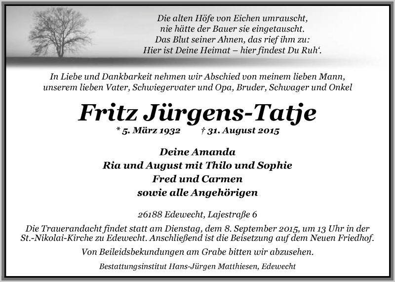  Traueranzeige für Fritz Jürgens-Tatje vom 03.09.2015 aus Nordwest-Zeitung