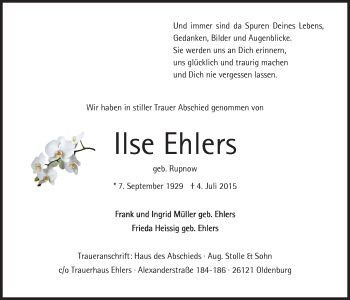 Traueranzeige von Ilse Ehlers von Nordwest-Zeitung
