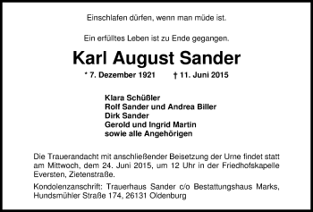 Traueranzeige von Karl August Sander von Nordwest-Zeitung
