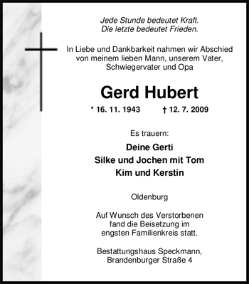 Traueranzeige von Gerd Hubert von Nordwest-Zeitung