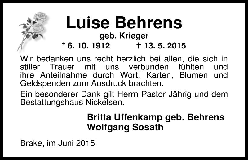  Traueranzeige für Luise Behrens vom 24.06.2015 aus Nordwest-Zeitung