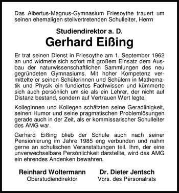 Traueranzeige von Gerhard Eißing von Nordwest-Zeitung