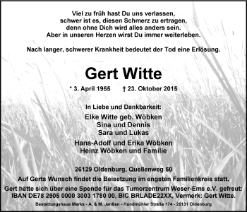 Traueranzeige von Gerd Witte von Nordwest-Zeitung