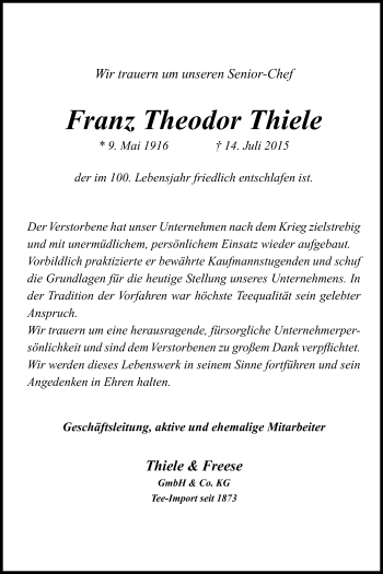 Traueranzeige von Franz Theodor Thiele von Nordwest-Zeitung