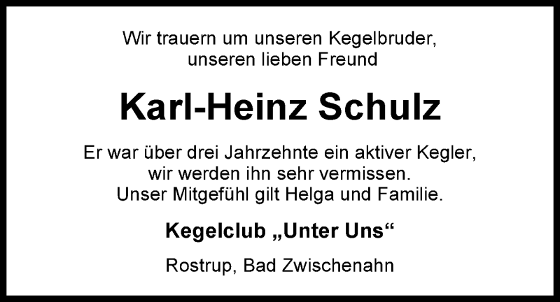  Traueranzeige für Karl-Heinz Schulz vom 14.04.2015 aus Nordwest-Zeitung