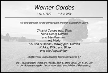 Traueranzeige von Werner Cordes von Nordwest-Zeitung