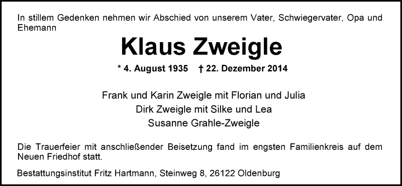  Traueranzeige für Klaus Zweigle vom 03.01.2015 aus Nordwest-Zeitung