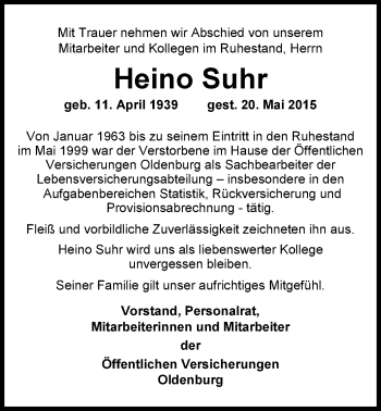 Traueranzeige von Heino Suhr von Nordwest-Zeitung