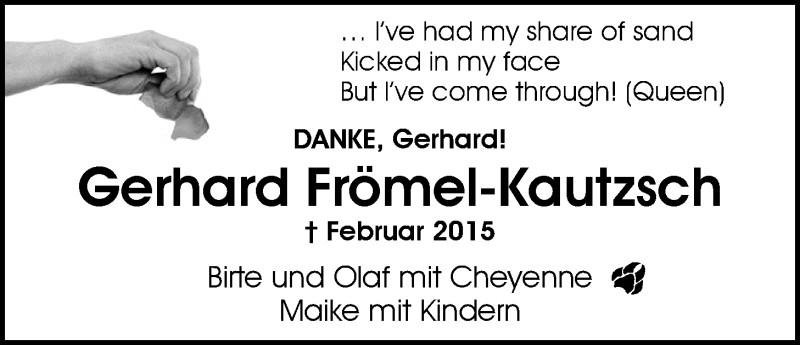  Traueranzeige für Gerhard Frömel-Kautzsch vom 16.02.2015 aus Nordwest-Zeitung