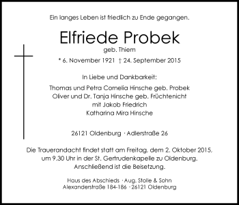 Traueranzeige von Elfriede Probek von Nordwest-Zeitung