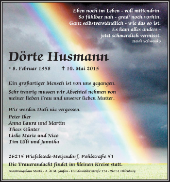 Traueranzeige von Dörte Husmann von Nordwest-Zeitung
