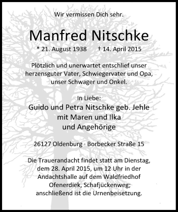 Traueranzeige von Manfred Nitschke von Nordwest-Zeitung