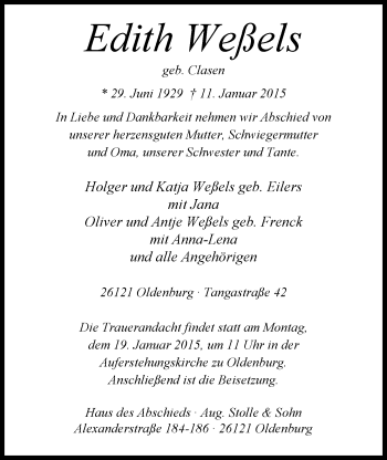 Traueranzeige von Edith Weßels von Nordwest-Zeitung