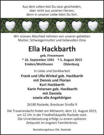 Traueranzeige von Ella Hackbarth von Nordwest-Zeitung