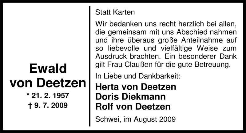  Traueranzeige für Ewald von Deetzen vom 13.08.2009 aus Nordwest-Zeitung