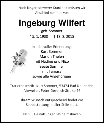 Traueranzeige von Ingeburg Wilfert von Nordwest-Zeitung