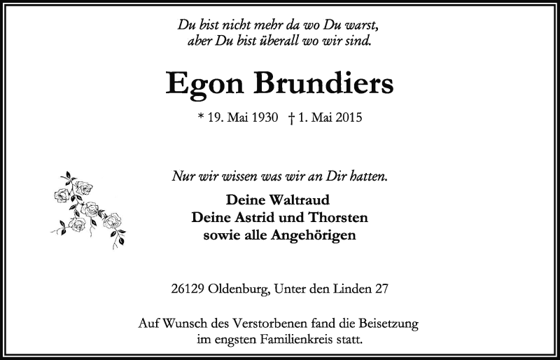  Traueranzeige für Egon Brundiers vom 09.05.2015 aus Nordwest-Zeitung