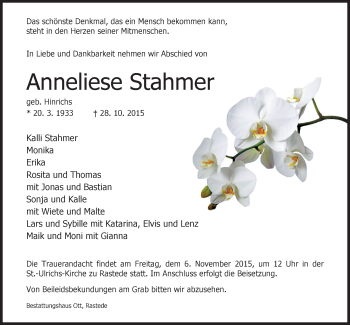 Traueranzeige von Anneliese Stahmer von Nordwest-Zeitung