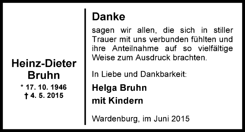  Traueranzeige für Heinz-Dieter Bruhn vom 10.06.2015 aus Nordwest-Zeitung