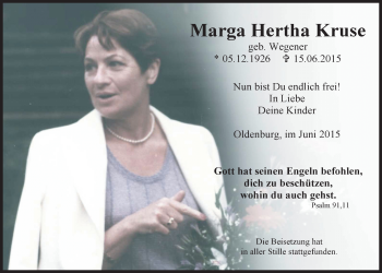Traueranzeige von Marga Hertha Kruse von Nordwest-Zeitung