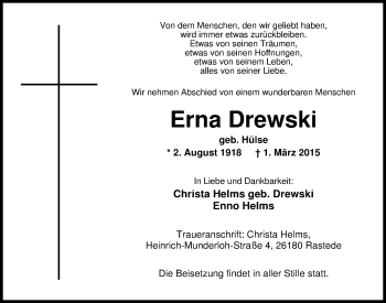 Traueranzeige von Erna Drewski von Nordwest-Zeitung