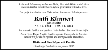 Traueranzeige von Ruth Klinnert von Nordwest-Zeitung