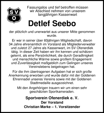 Traueranzeige von Detlef Seebo von Nordwest-Zeitung