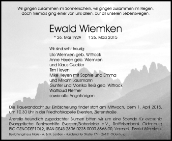 Traueranzeige von Ewald Wiemken von Nordwest-Zeitung