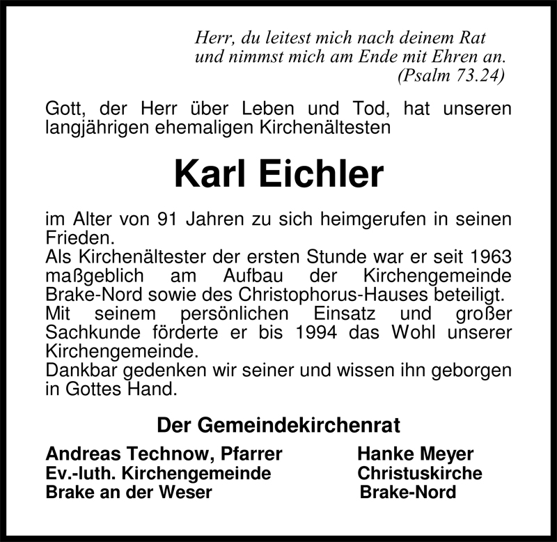  Traueranzeige für Karl Eichler vom 02.05.2009 aus Nordwest-Zeitung